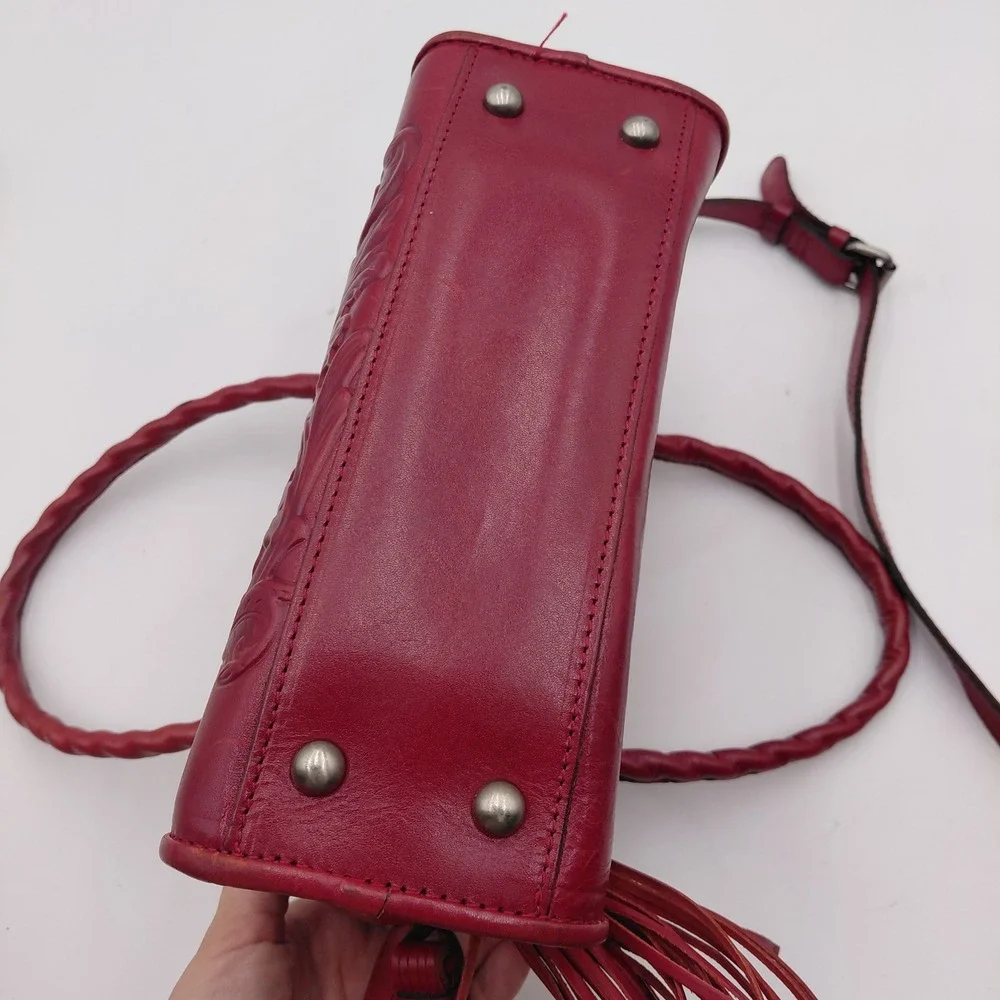 Patricia Nash Red Tooled Leather Satchel Crossbody Bag Floral Cutout Tassel